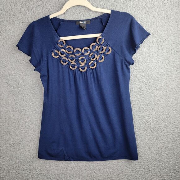 Style & Co Top Blouse Womens M Blue Embellished Neck Interlaced Wood Rings - Picture 13 of 13